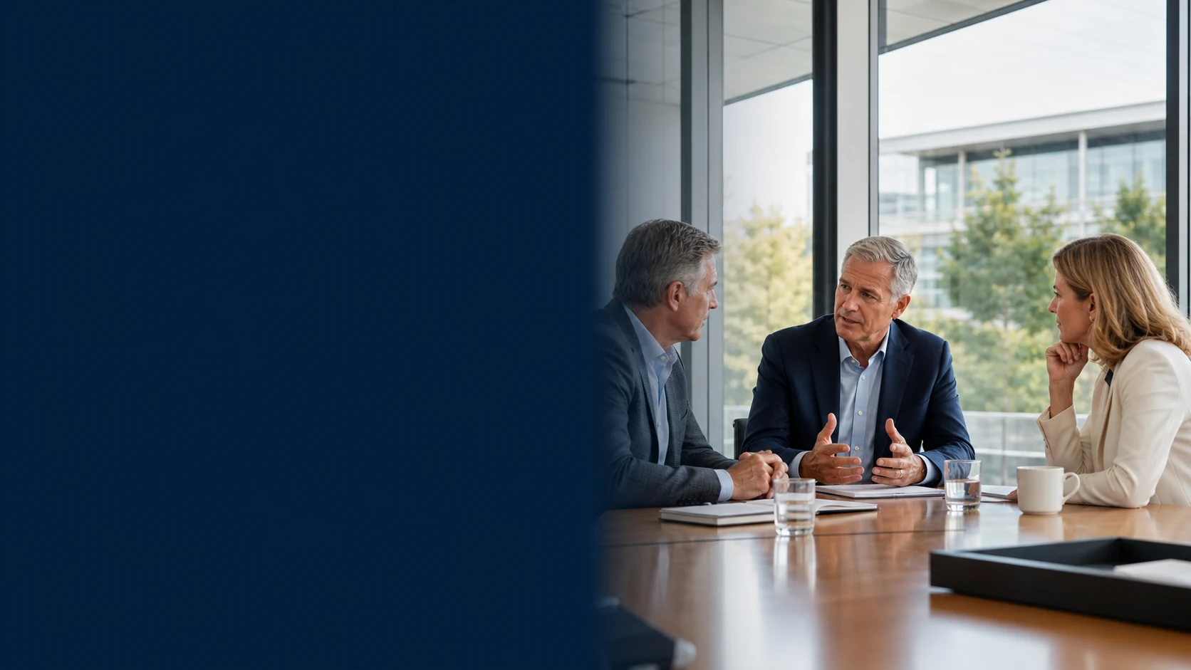 An experienced operating executive discussing a private company acquisition with an owner and capital partner