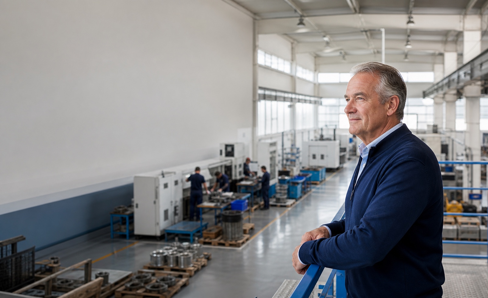 A business owner looking across the advanced manufacturing company he built