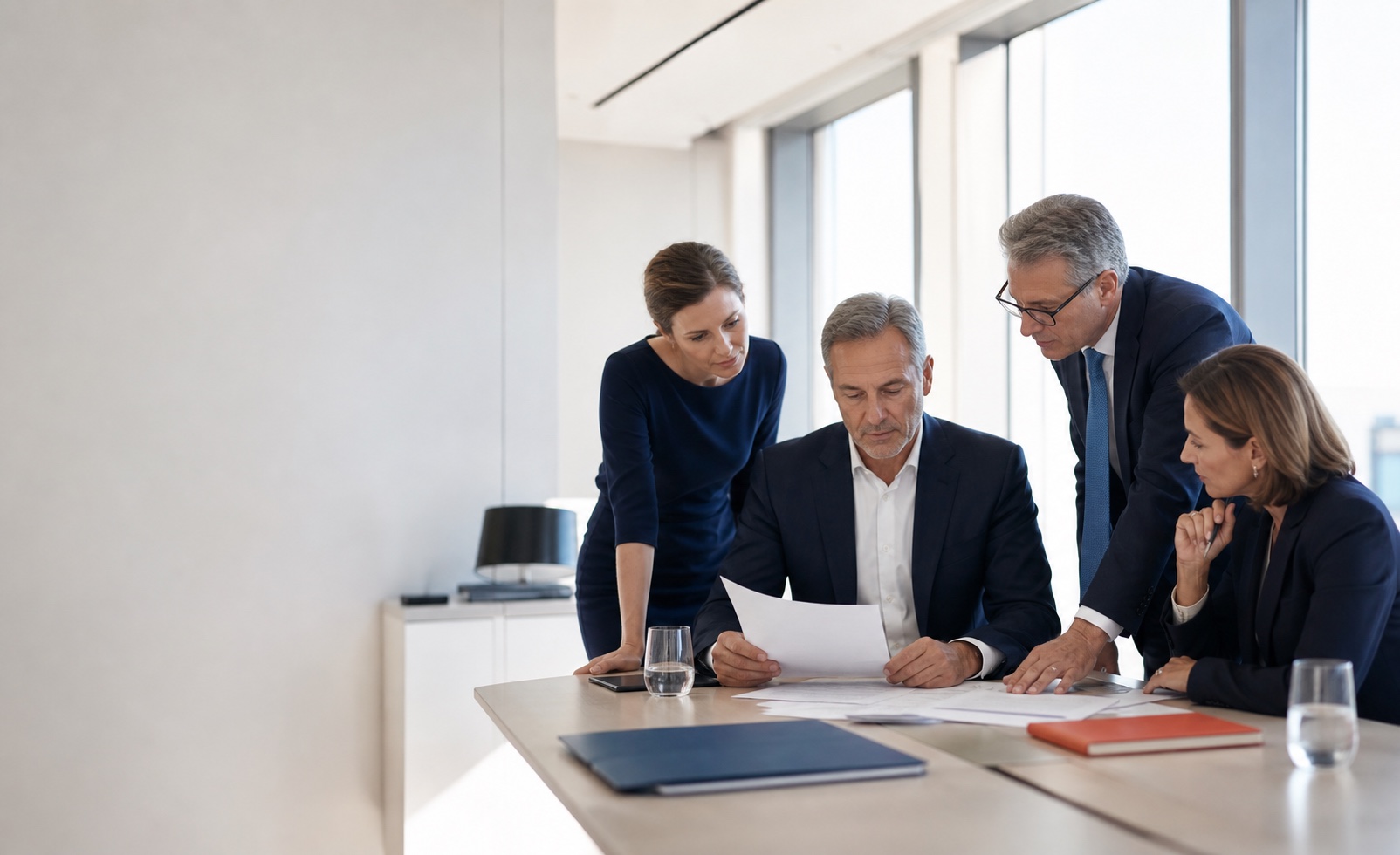 A business owner and trusted advisors reviewing a consequential transaction together