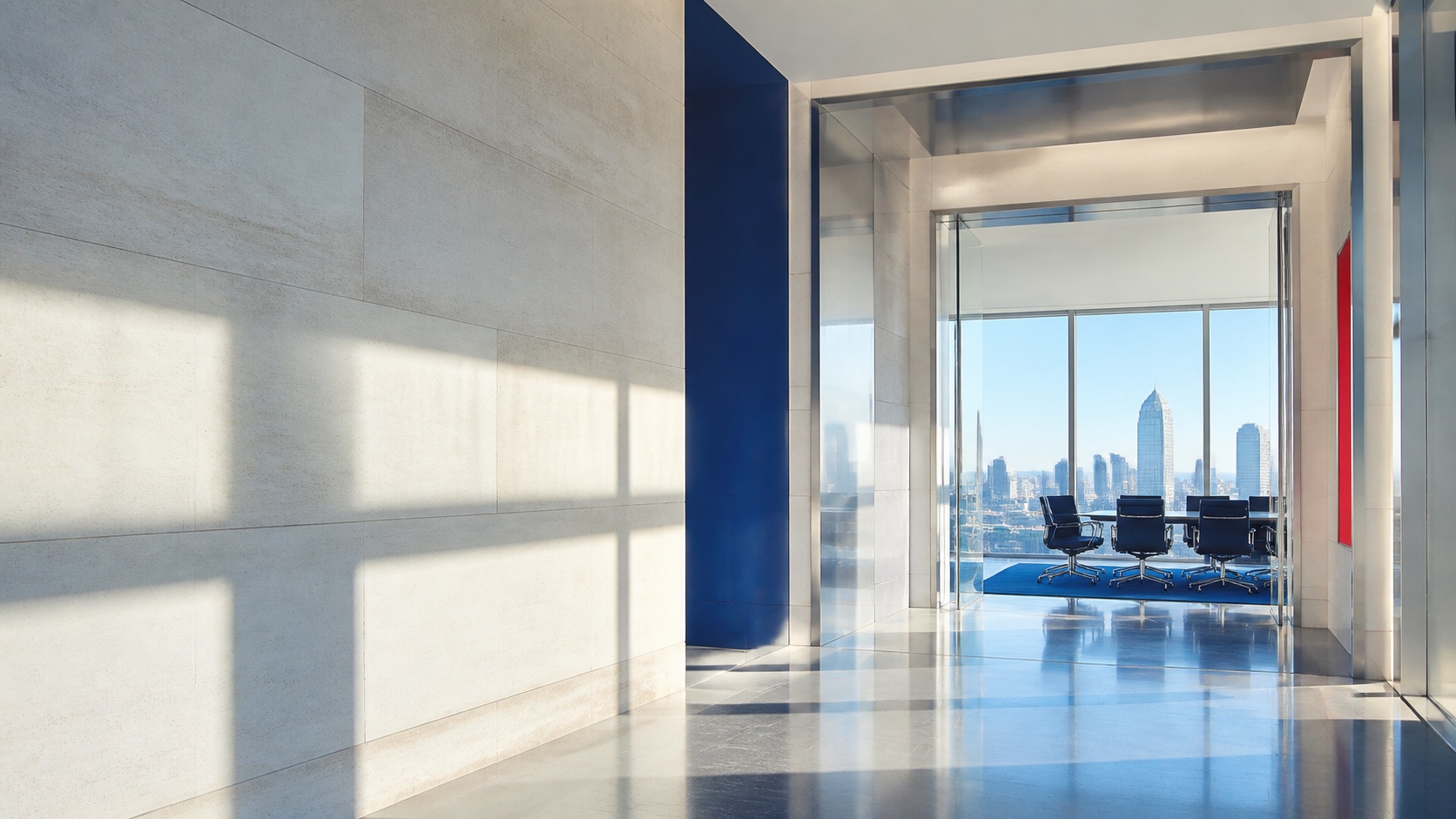 A sequence of bright architectural thresholds opening toward a private boardroom and clear city horizon