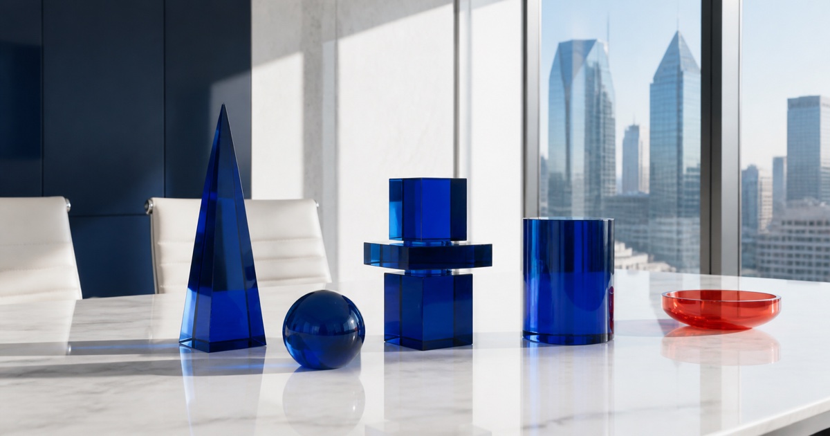 Cobalt architectural forms arranged in a bright Merger Partners boardroom overlooking Dallas